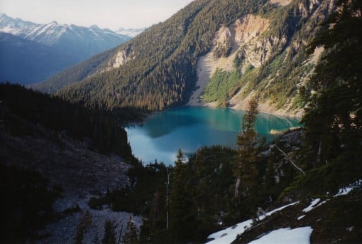 Upper Joffre Lake photographed during a climb of Slalok Mountain