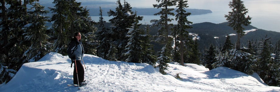 Enjoying a view, snowshoeing at Hollyburn Mountain