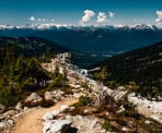 The hiking trail along a ridge near Blackcomb looking down the valley towards Whistler Village