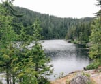 The view of Brohm Lake from a rocky bluff just south of the parking lot