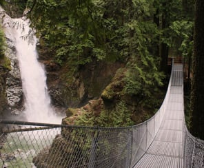 The suspension bridge crossing the canyon in front of Cascade Falls northeast of Mission, BC