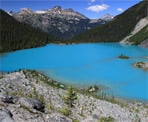 A view from a ridge looking across Upper Joffre Lakes