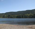 A rocky beach on Killarney Lake on Bowen Island