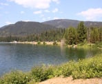 The view of the day-use area from the across Lightning Lake in Manning Provincial Park