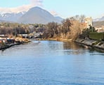 A seagull flies by the view looking up Lynn Creek from Harbourview Park