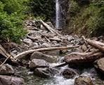 The rocky creek that Norvan Falls spills into in Lynn Headwaters Regional Park