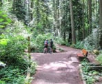 Multi-use and hiker only trails are located in the park as a couple of cyclists stop to check a trail map