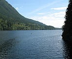 A view of the north end of Buntzen Lake from the suspension bridge crossing