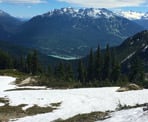 A view looking down towards Green Lake near Whistler from high up on the Skyline North Trail